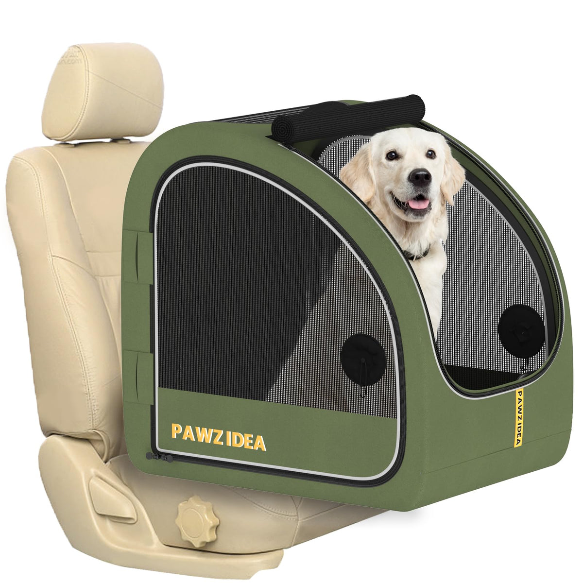 PAWZIDEA crate front view on car seat for upright space