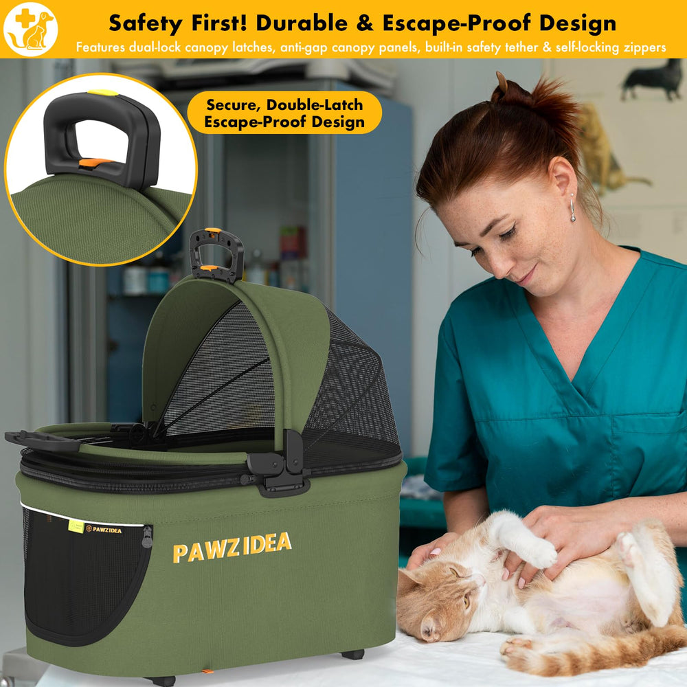 PAWZIDEA crate seatbelt attachment demonstrates secure travel setup.