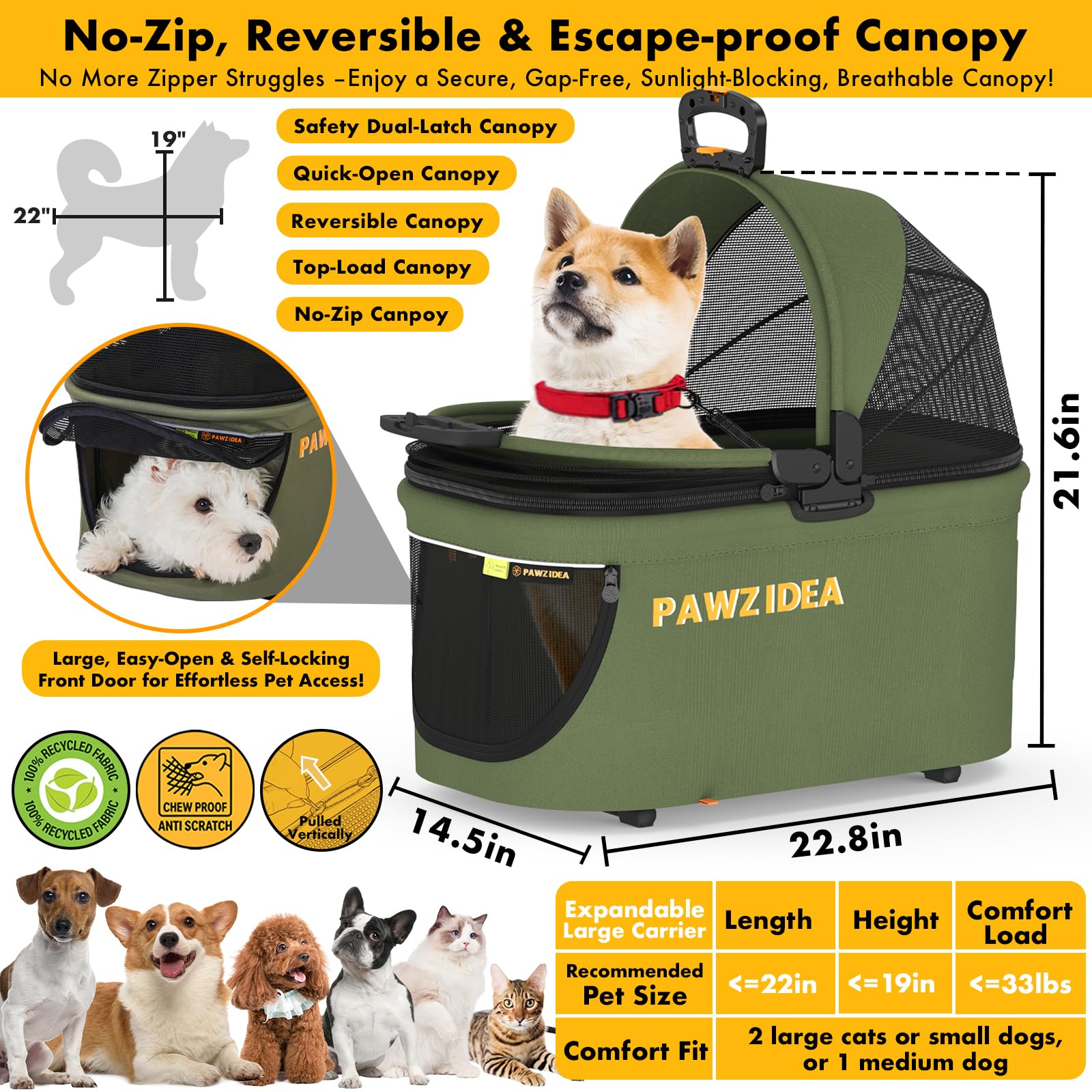 PAWZIDEA portable dog crate side view showing roomy interior for comfort.