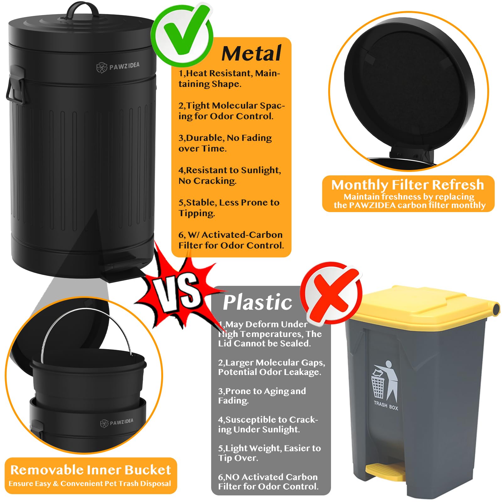 PAWZIDEA removable inner bucket makes waste removal quick and clean