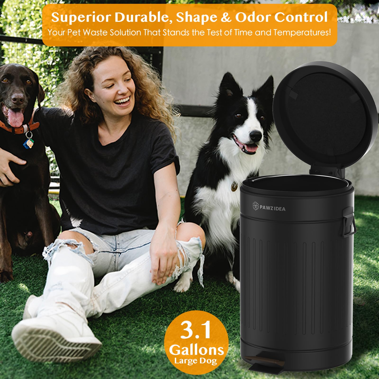 PAWZIDEA outdoor can fits standard 4-gallon bags for easy replacement