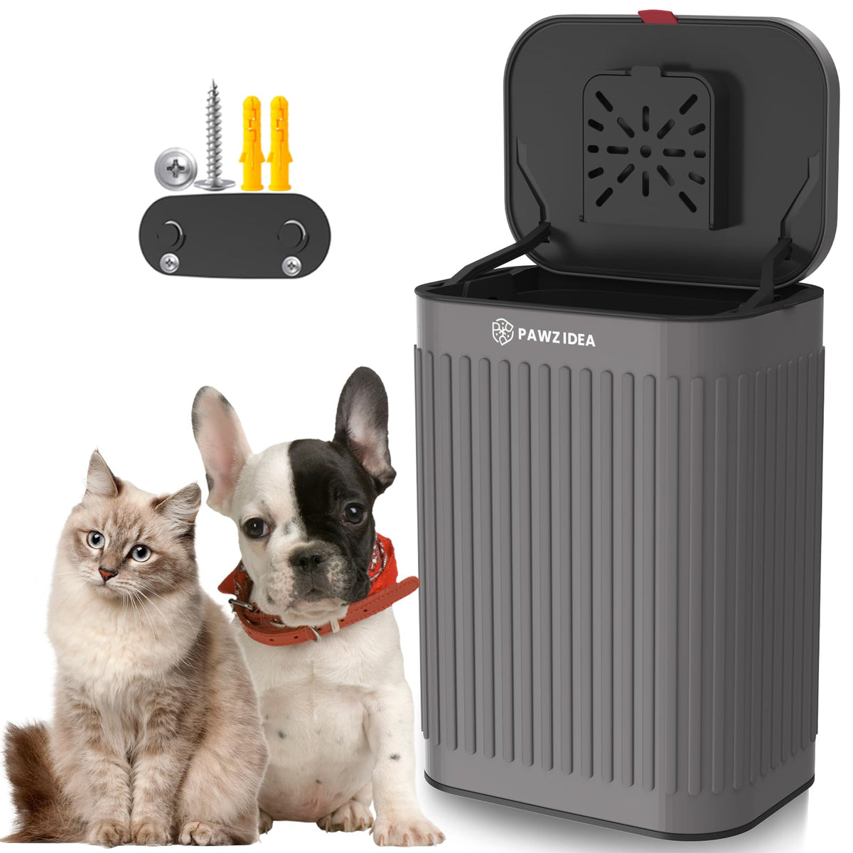 PAWZIDEA wall-mount dog poop trash can mounted on a fence helping keep outdoors tidy