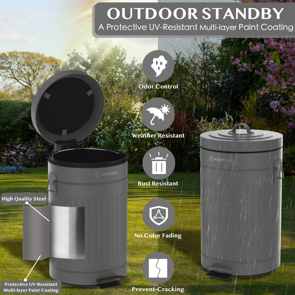 PAWZIDEA weatherproof metal trash bin withstands sun, rain, and heat.