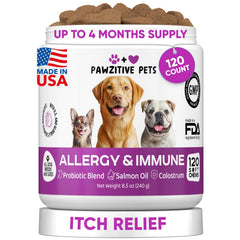 Pawzitive Pets dog allergy relief chews packshot supports skin and coat health.