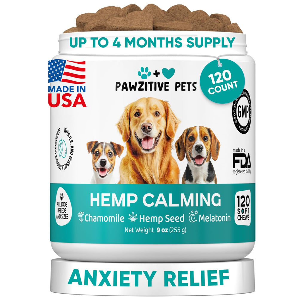 Pawzitive Pets Hemp Calming Chews bottle helps reduce dog anxiety during vet visits