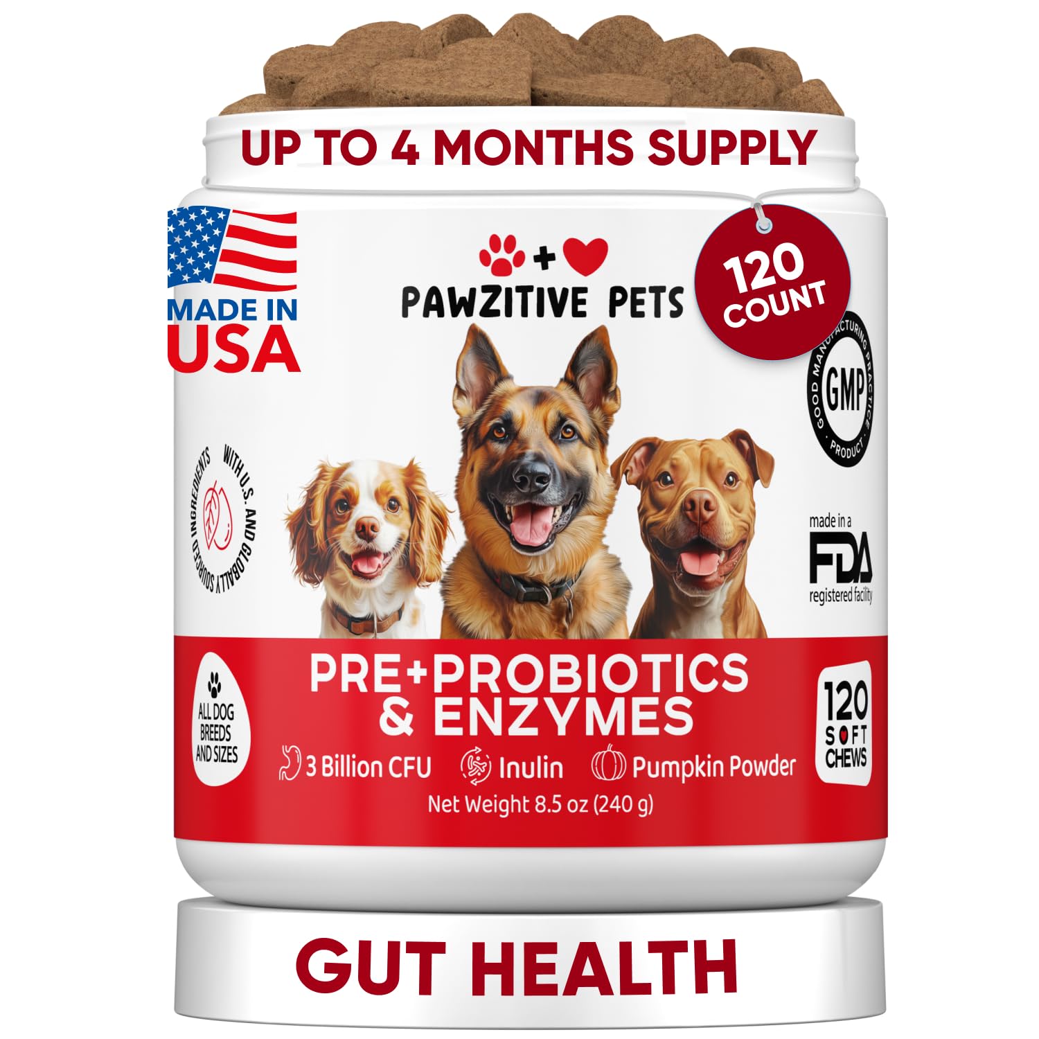 Pawzitive Pets probiotic chews packaging highlighting vet-formulated gut health for dogs.