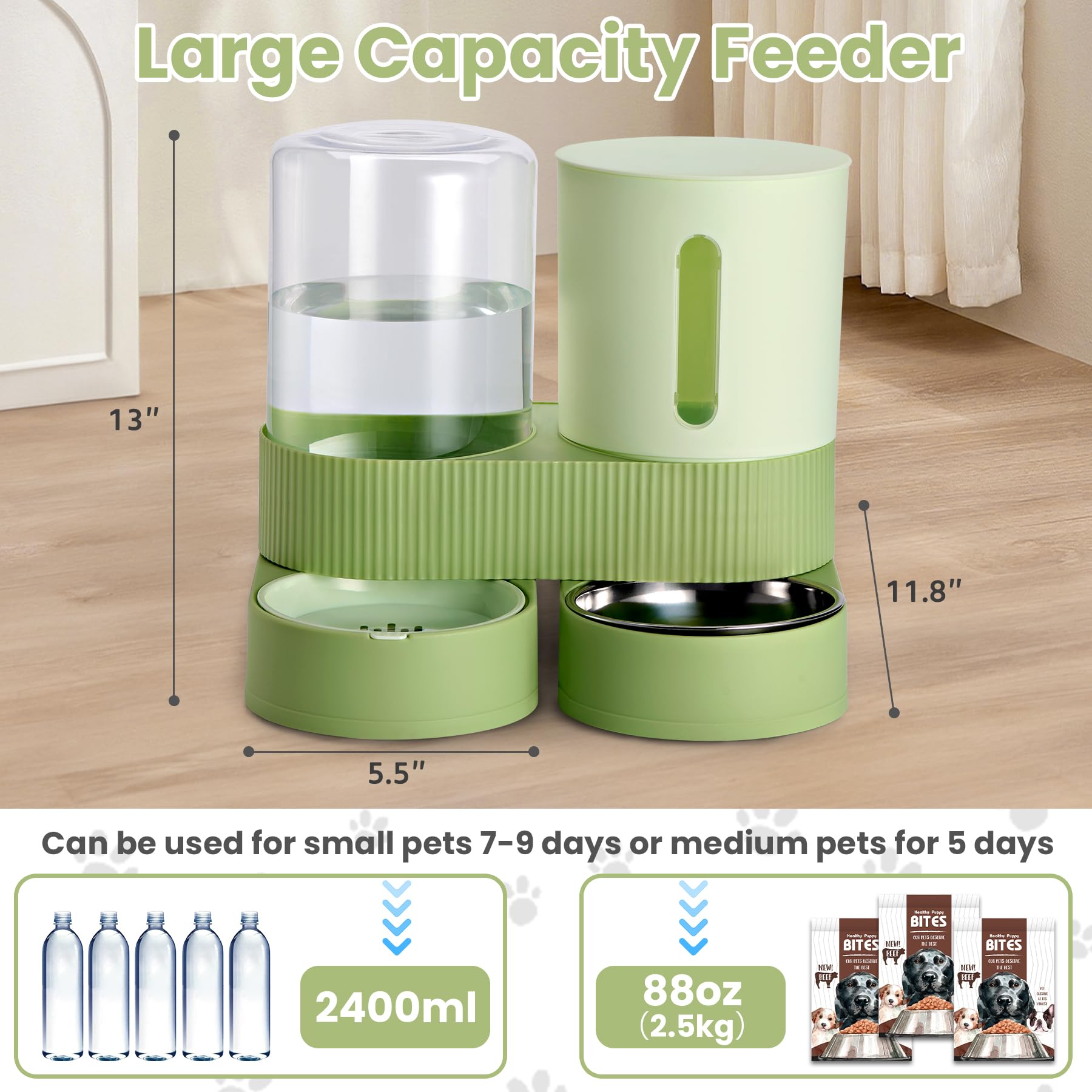Pawzone 2-pack automatic cat feeder green side view highlights compact footprint.
