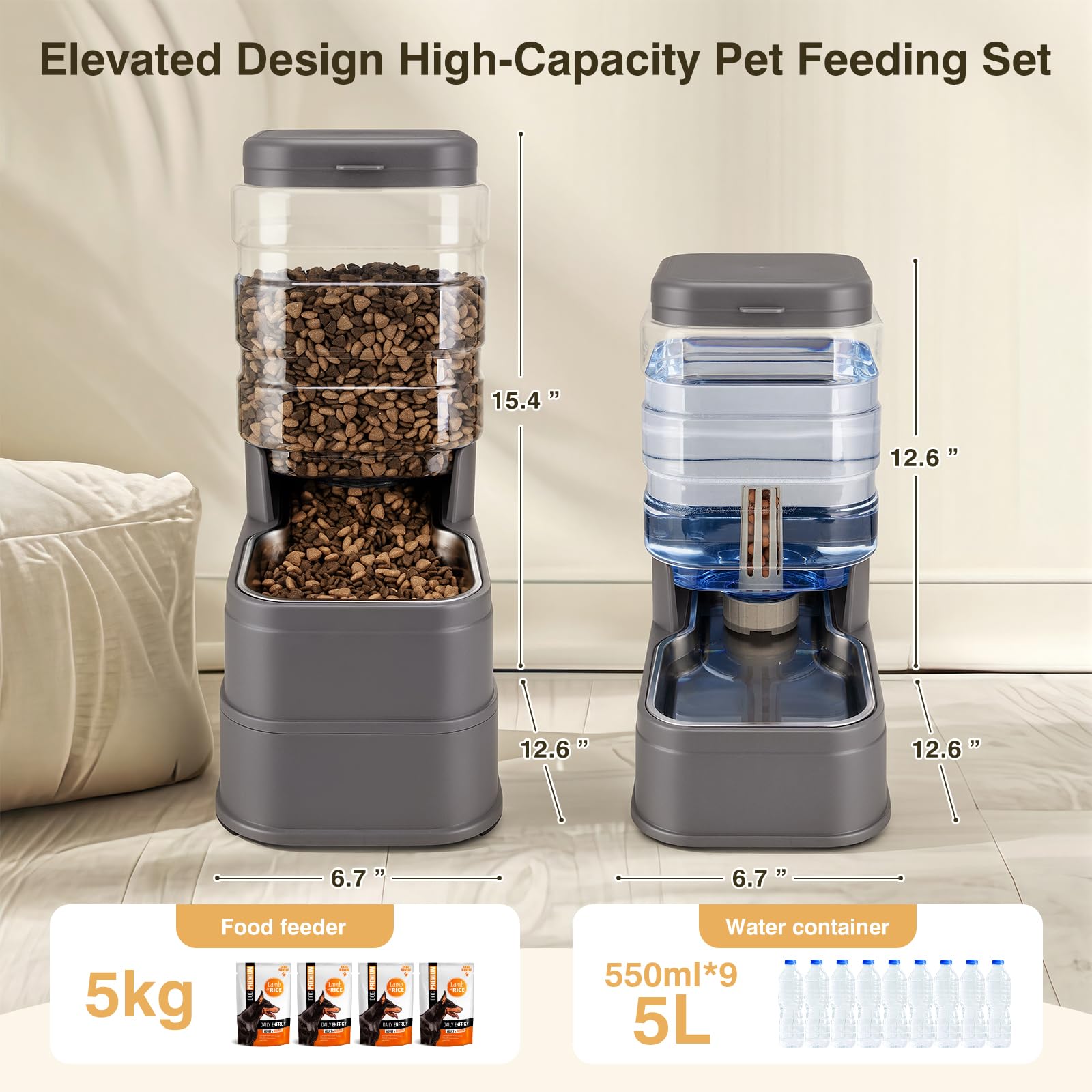 Pawzone gravity-fed feeder, side view highlighting hands-free feeding