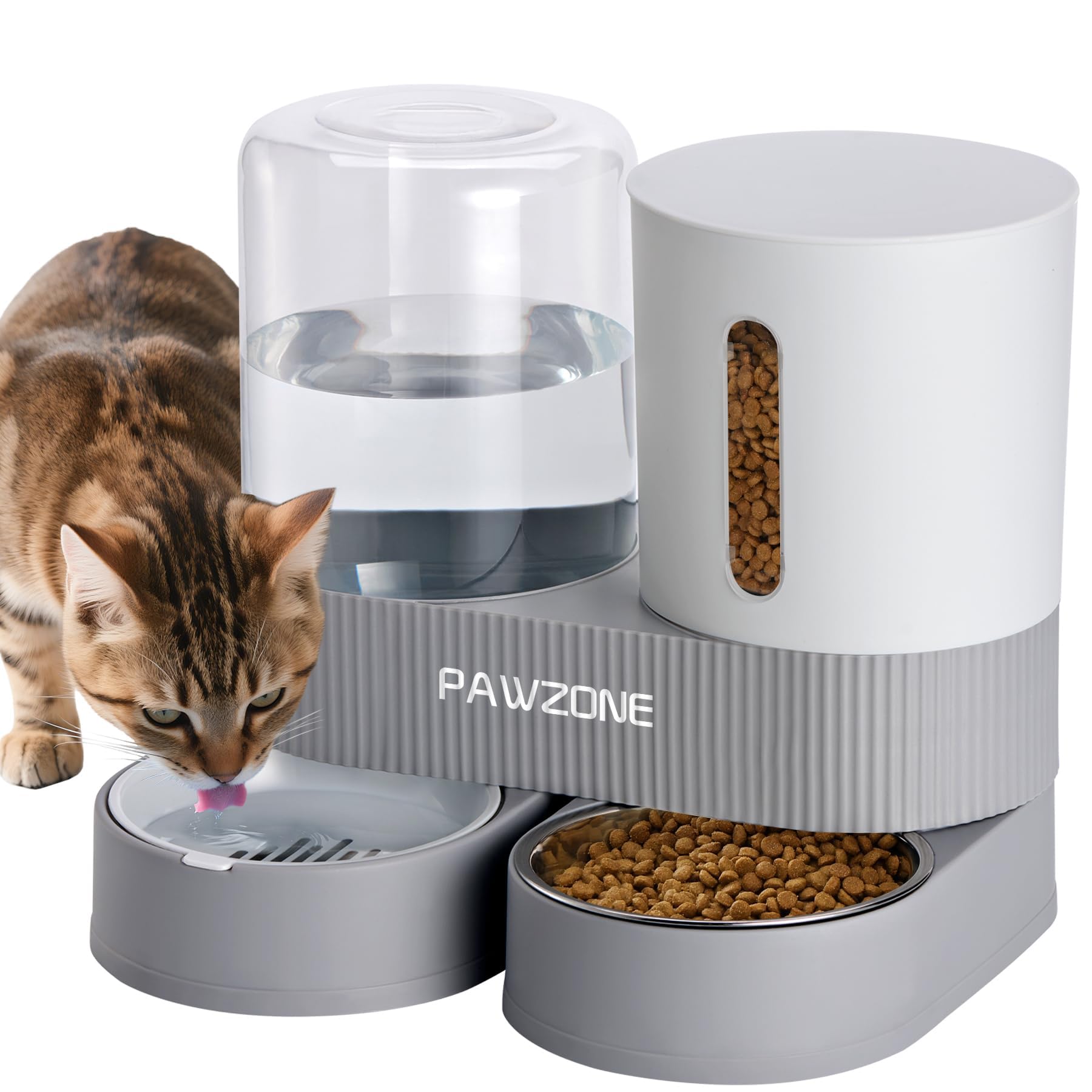 Pawzone automatic feeder grey front view showing steady food release