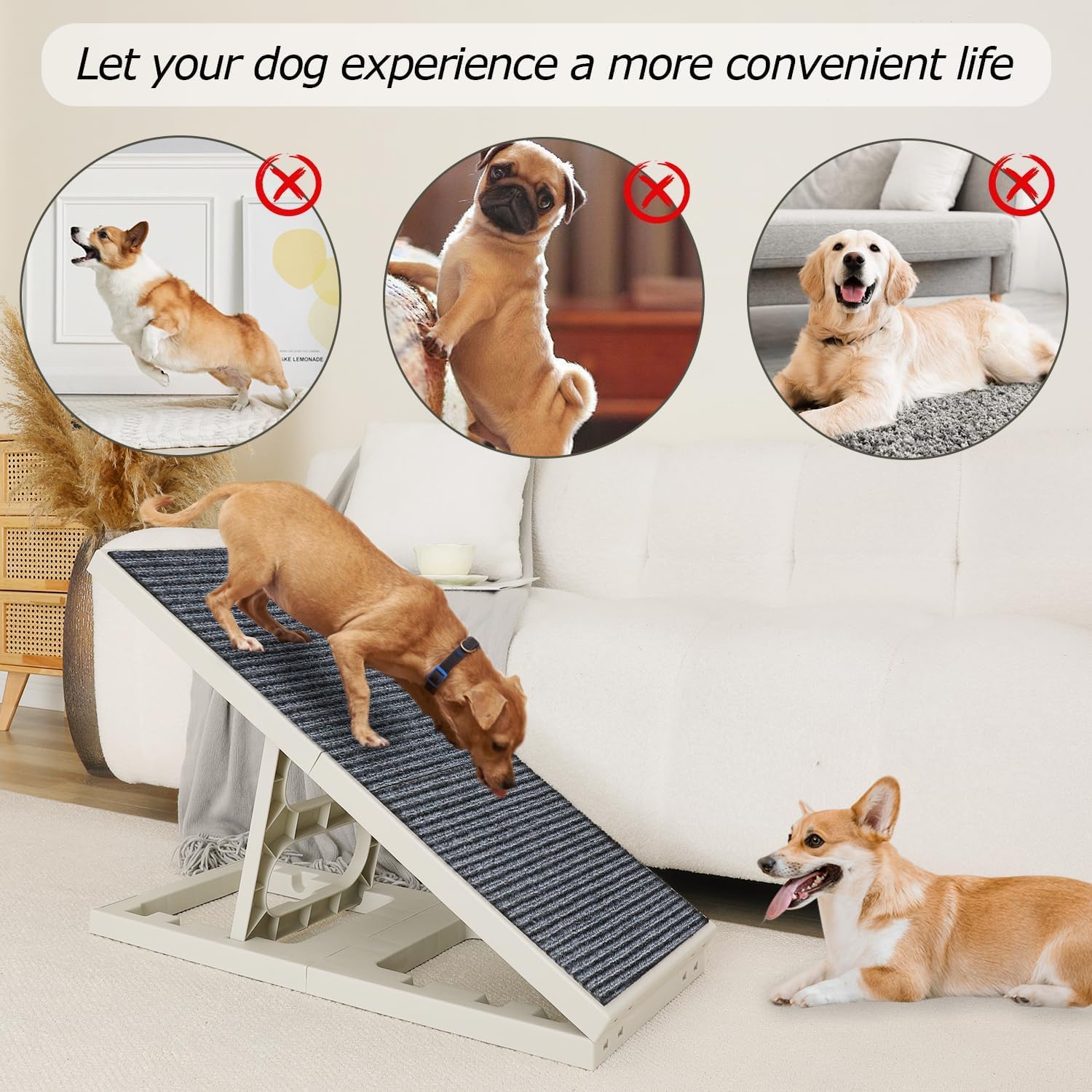 Pawzone dog ramp bed stored under a sofa for convenient space saving