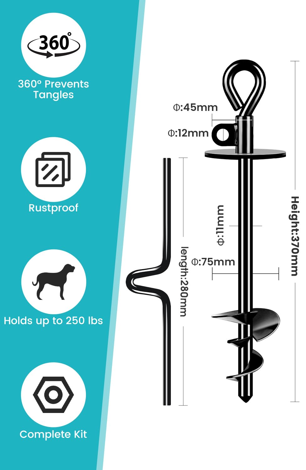 Payivsve dog anchor with torque bar, easy install in soft sand