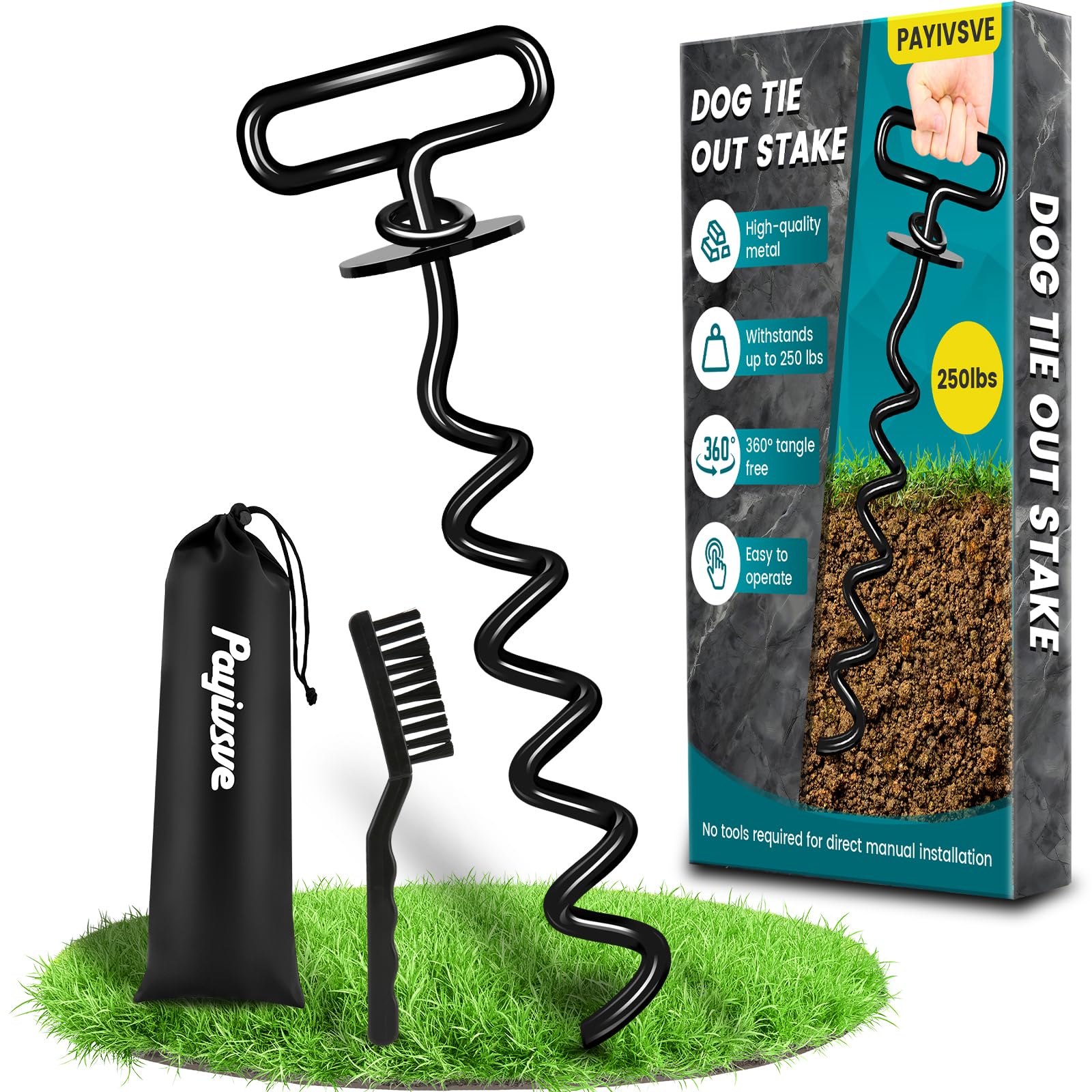 Payivsve dog stake being inserted into the ground for secure outdoor use