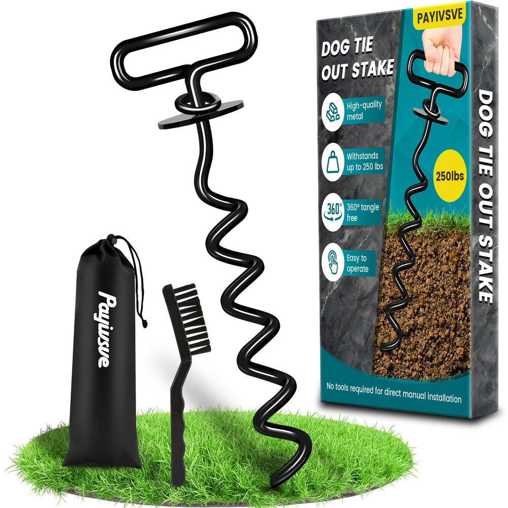 Payivsve dog stake being inserted into the ground for secure outdoor use