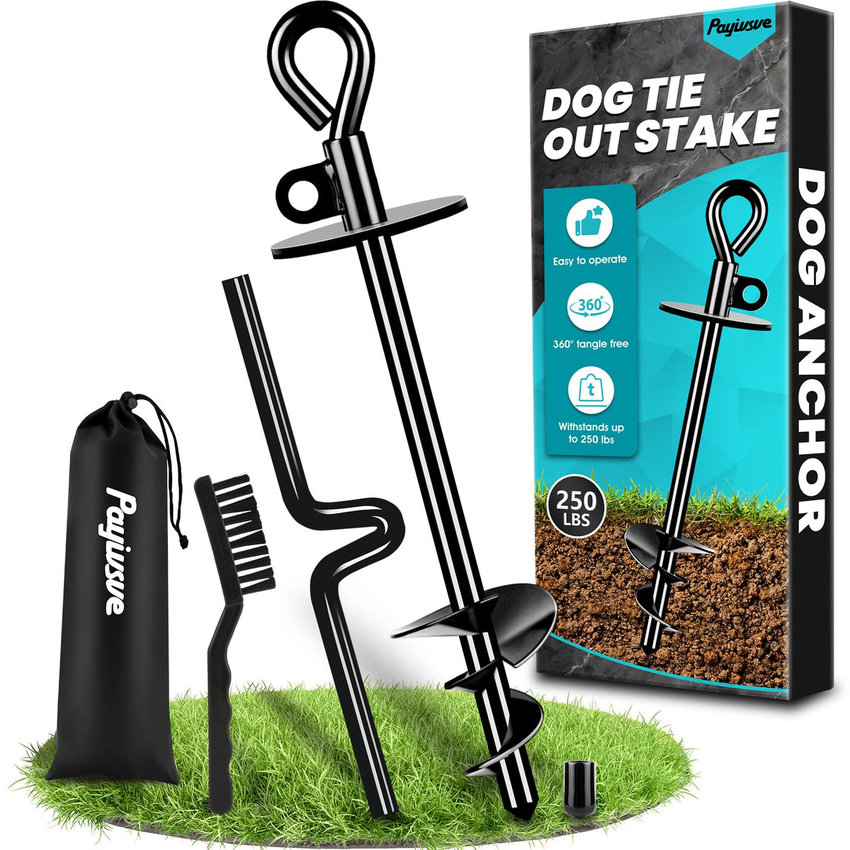 Payivsve dog tie-out stake ready for ground, 360° rotation to prevent tangling during outdoor walks