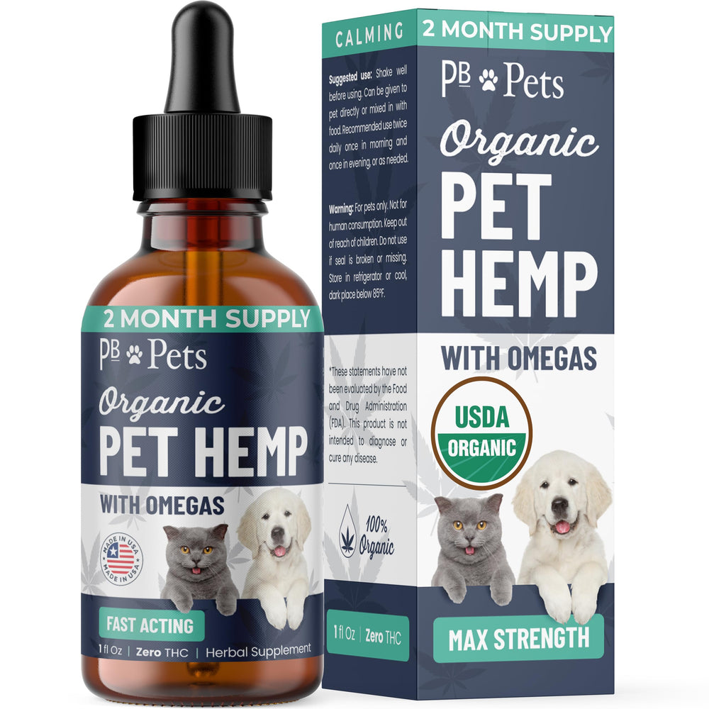PB Pets Organic Hemp Oil bottle pour for calming and joint support