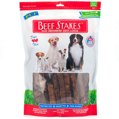 PCI Beef Stakes packaging front view with resealable bag for convenient treats