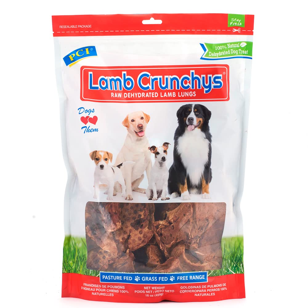 PCI Lamb Crunchys bag front with resealable pouch for fresh, tasty dog treats.