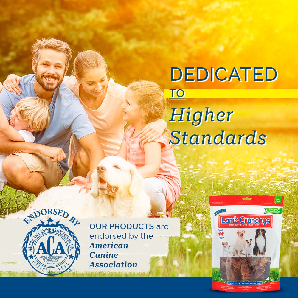 PCI Lamb Crunchys pure ingredients label communicates 100% natural, additive-free dog treats.