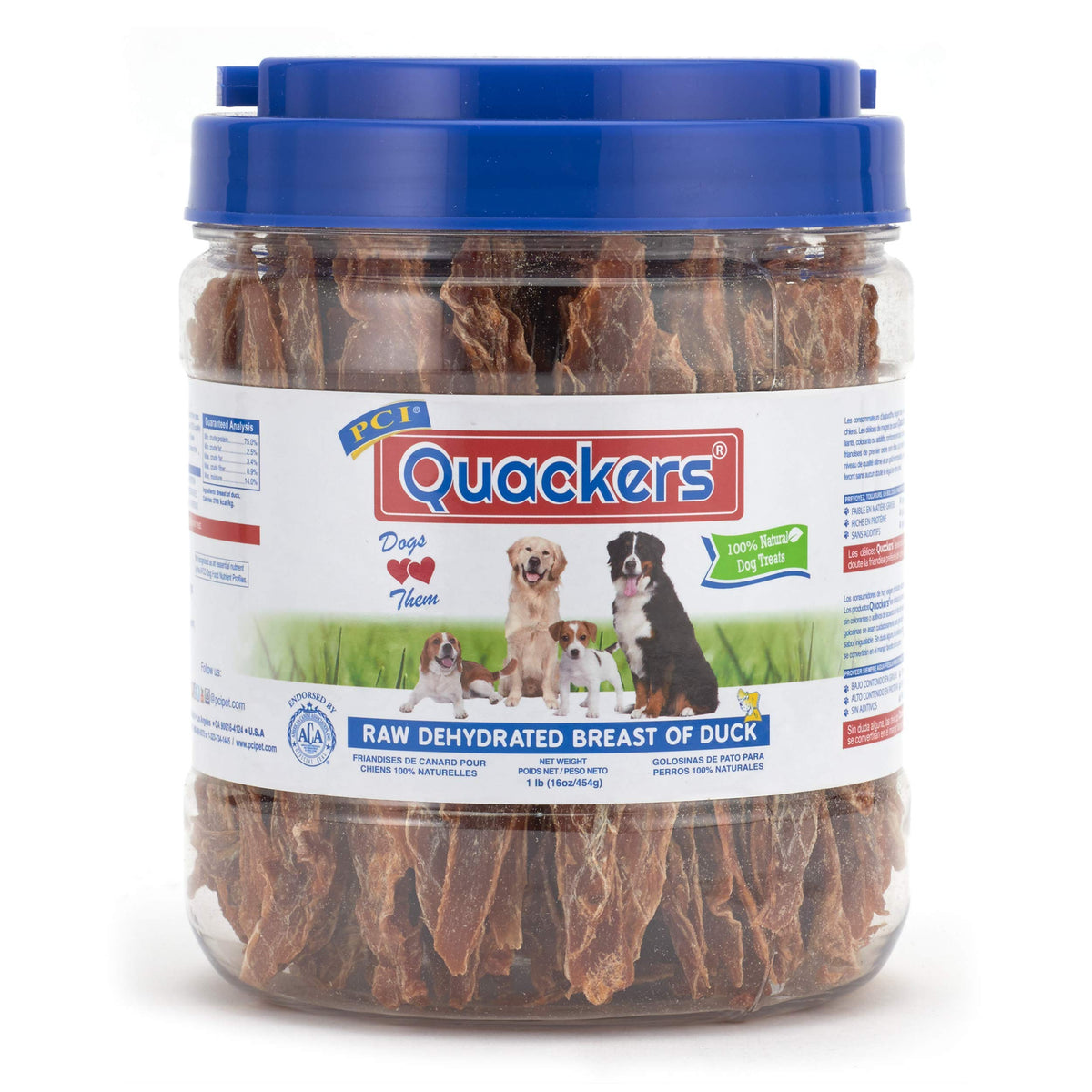 PCI Quackers duck breast 1lb container, high-protein dog treat for training rewards.