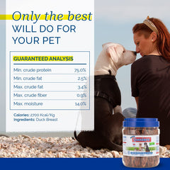 Roasted duck breast aroma of Quackers enhances palatability during treats.