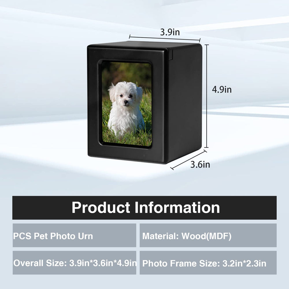 PCS PET CREMATORY SUPPLIES front-view urn showing built-in photo frame.