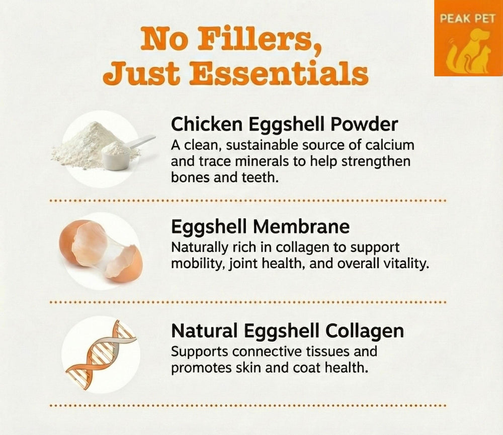 Peak Pet calcium supplement powder helps large breed joints during daily meals