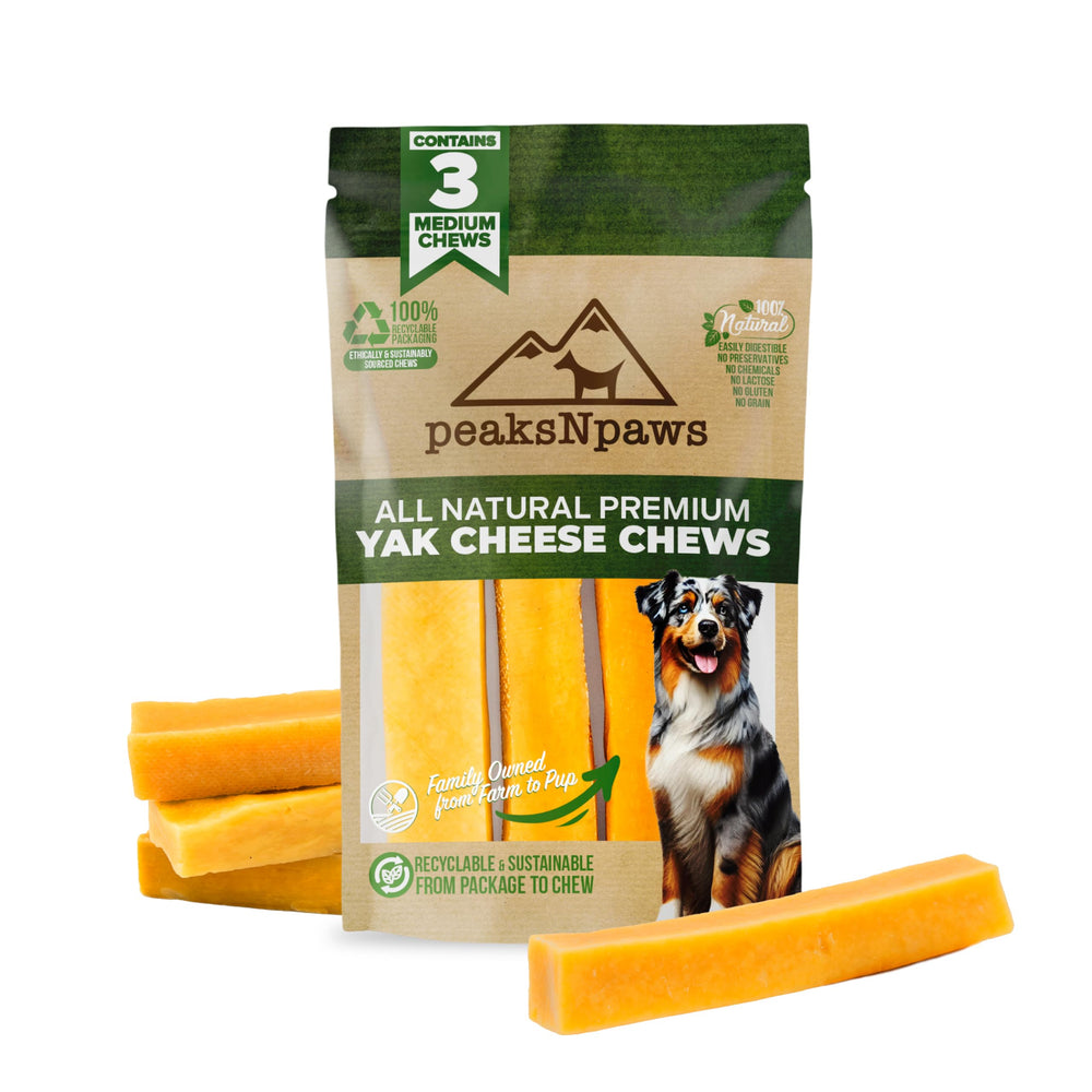 peaksNpaws yak cheese chew close-up highlighting natural ingredients and protein support.