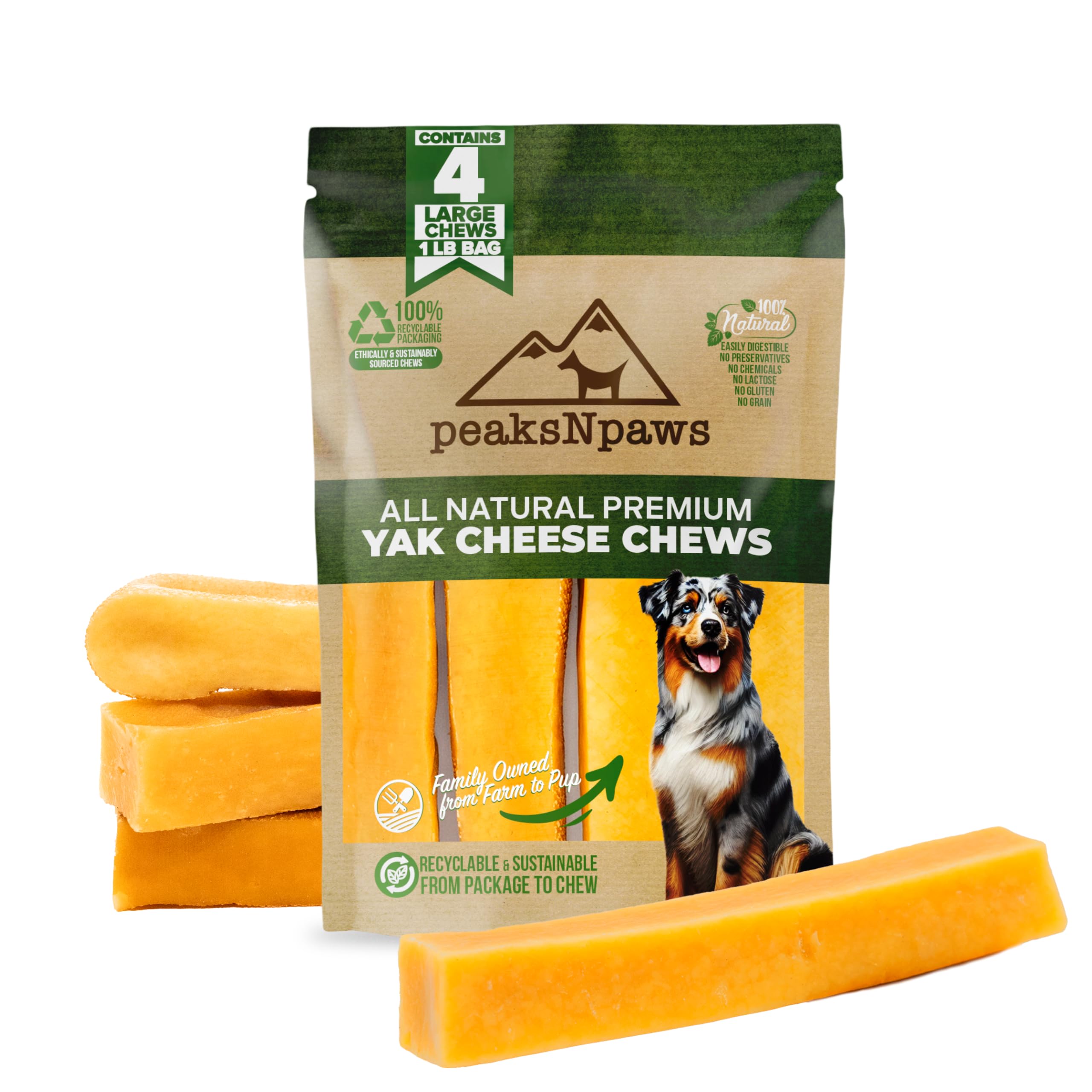 peaksNpaws Yak Cheese Himalayan dog chews in large sticks for long lasting enrichment.