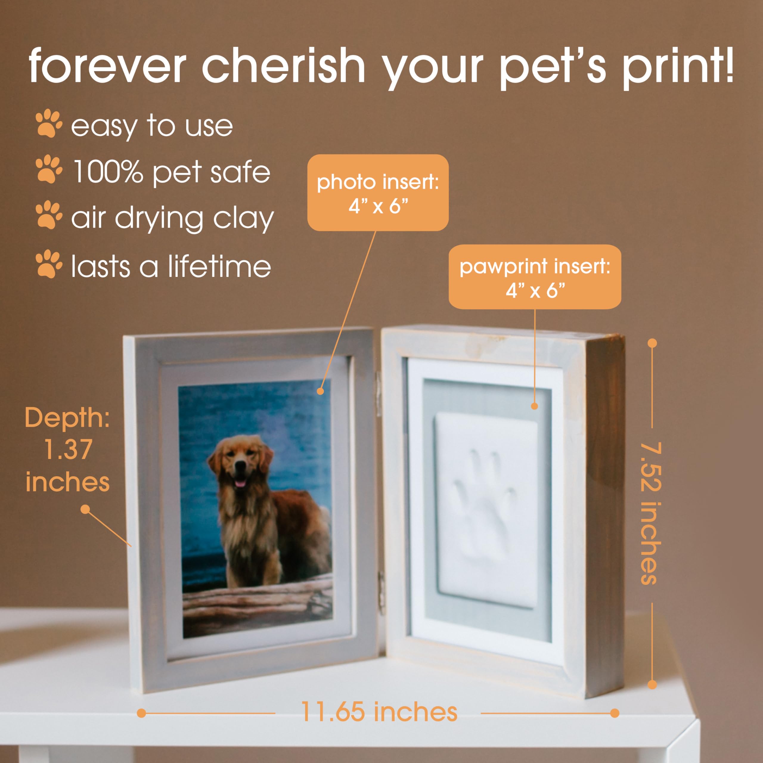 Pearhead paw print captures dogs and cats for a keepsake print beside a photo