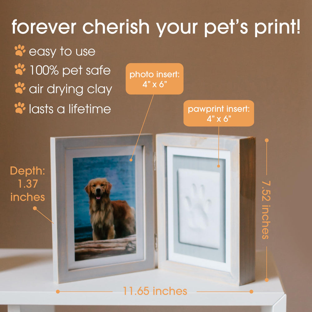 Pearhead paw print captures dogs and cats for a keepsake print beside a photo