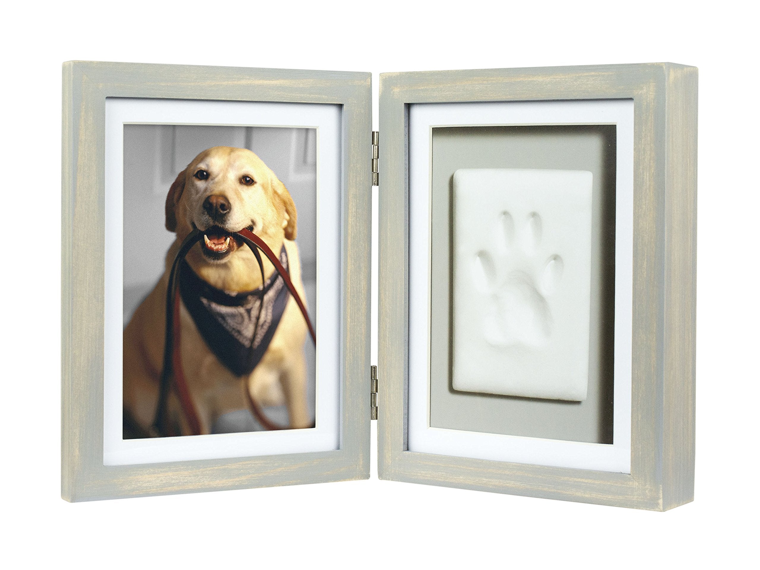 Pearhead paw print frame with wooden hinge displays your pet’s print beside a cherished photo at home