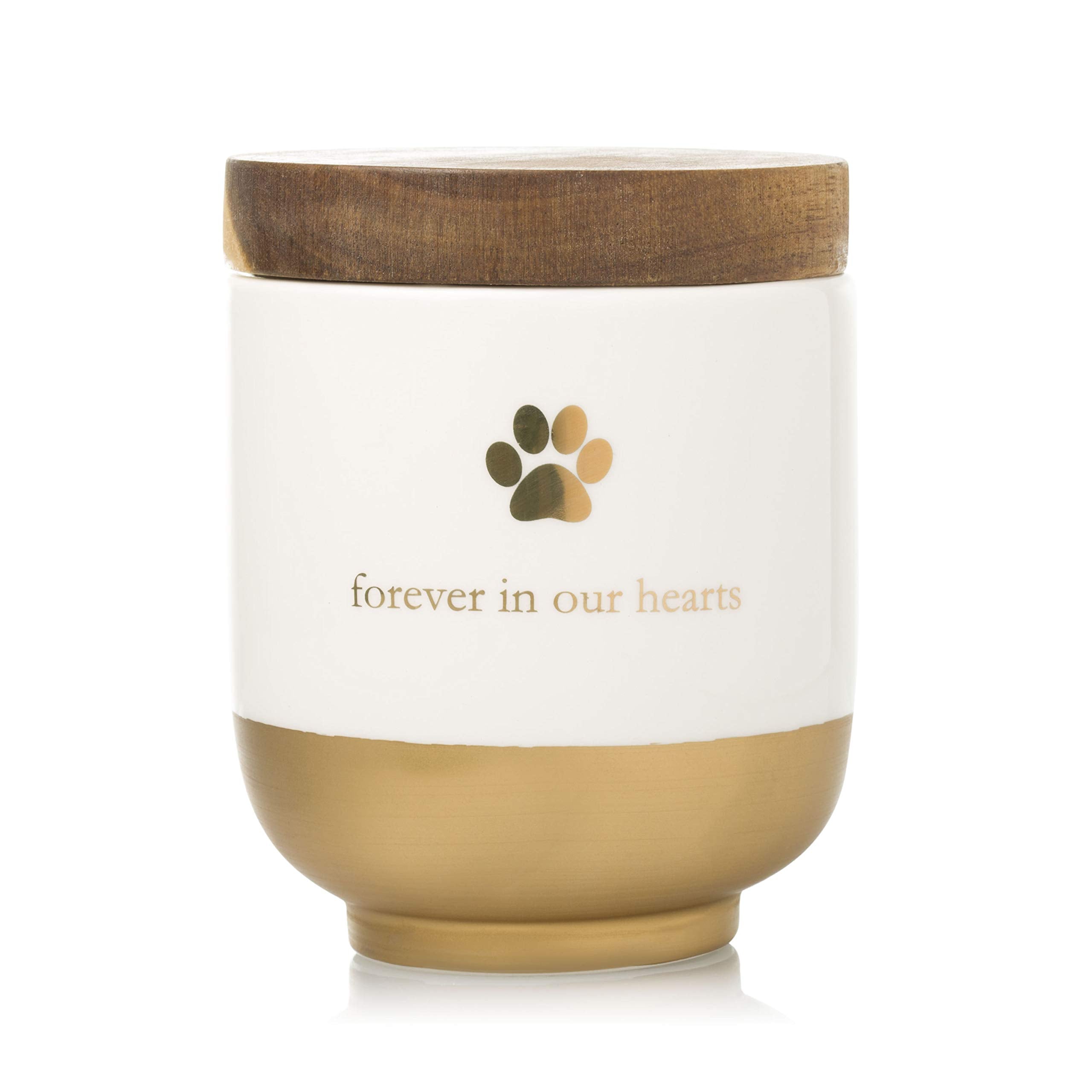 Pearhead pet urn front view with gold paw print, a timeless memory keepsake