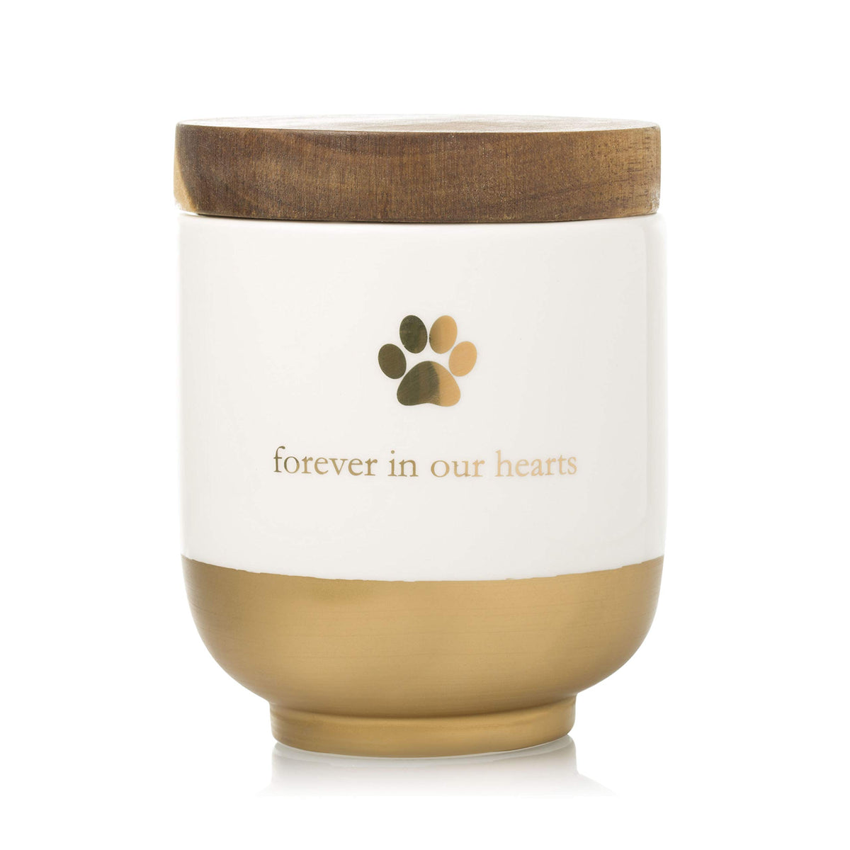 Pearhead pet urn front view with gold paw print, a timeless memory keepsake