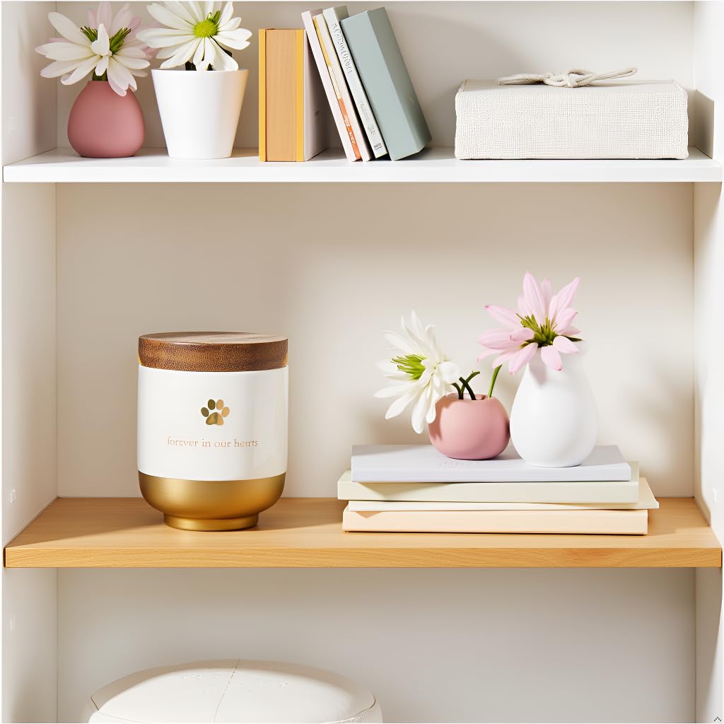 Pearhead urn features gold paw detail above the Forever in Our Hearts