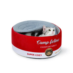 PECHVINO can-shaped cat bed with privacy cover offering cozy, secure naps.