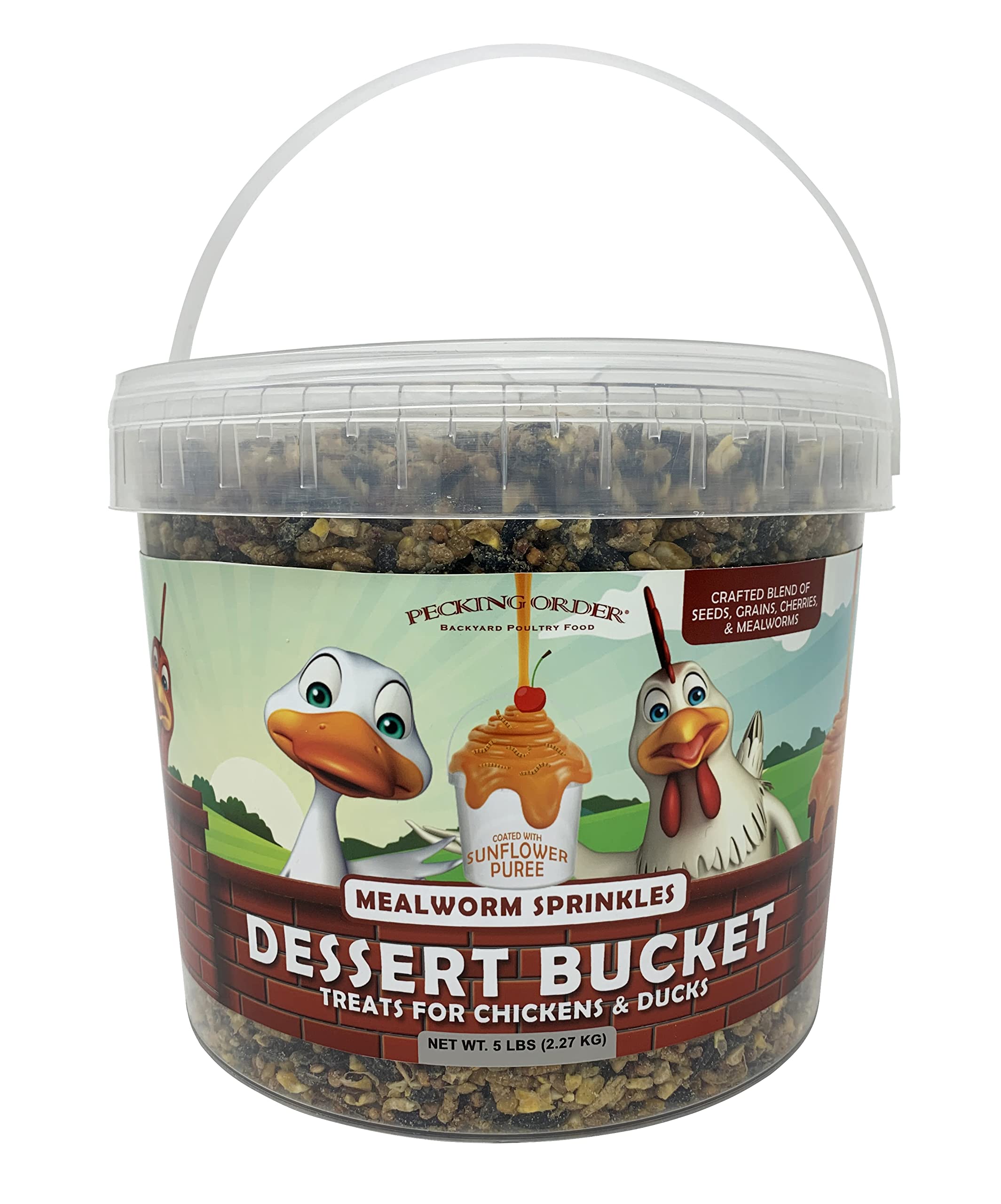 Pecking Order dessert bucket with mealworms sprinkles for flock treats and foraging
