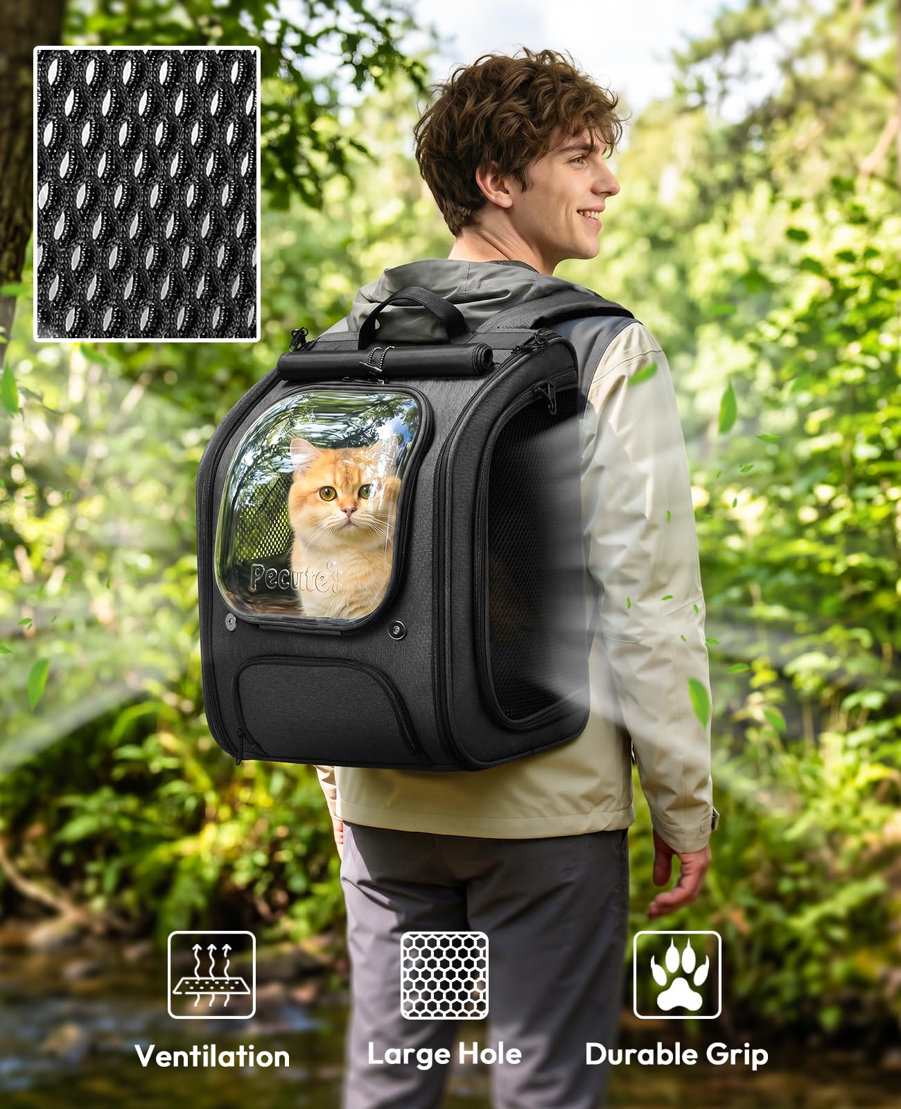 Pecute Cat Backpack Bubble ergonomic backplate supports comfortable carrying on long journeys.
