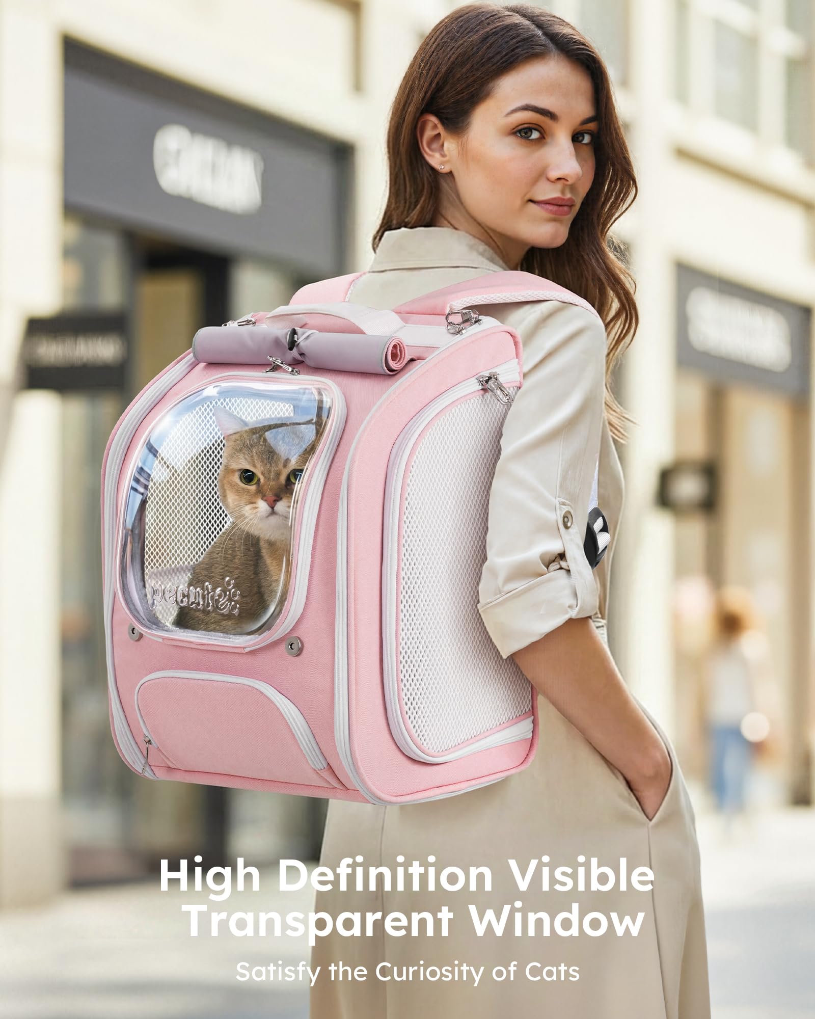 Pecute Cat Backpack Carrier bubble front view showing secure zipper access.