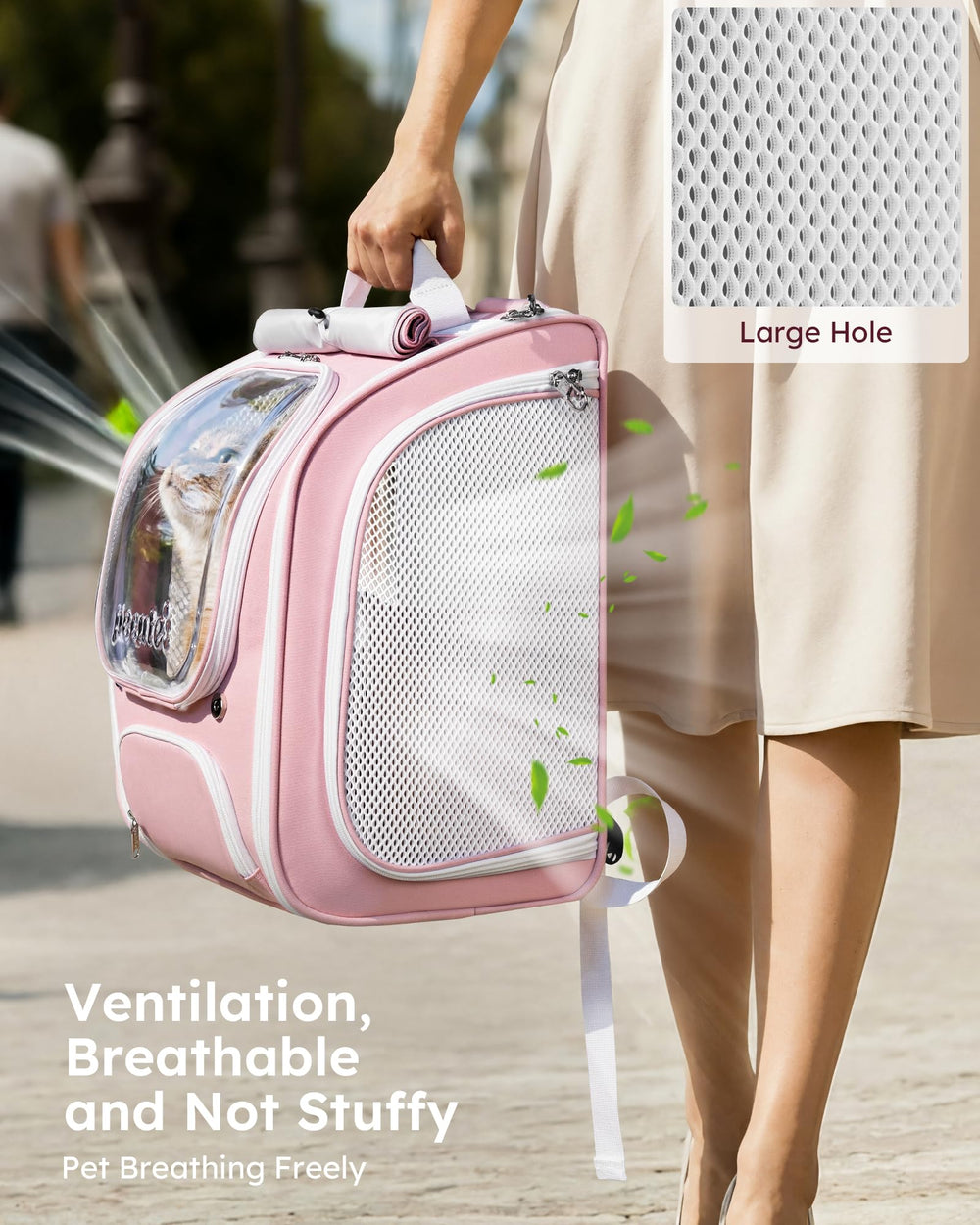 Pecute Cat Backpack Carrier bubble large mesh panels promote ventilation for comfort.