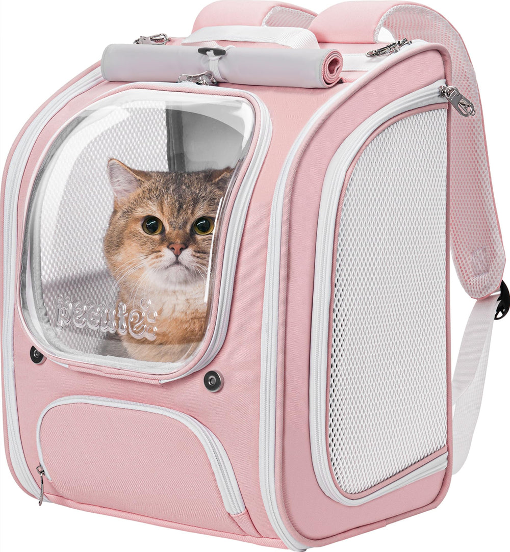 Pecute Cat Backpack Carrier bubble side view with breathable mesh for airflow.