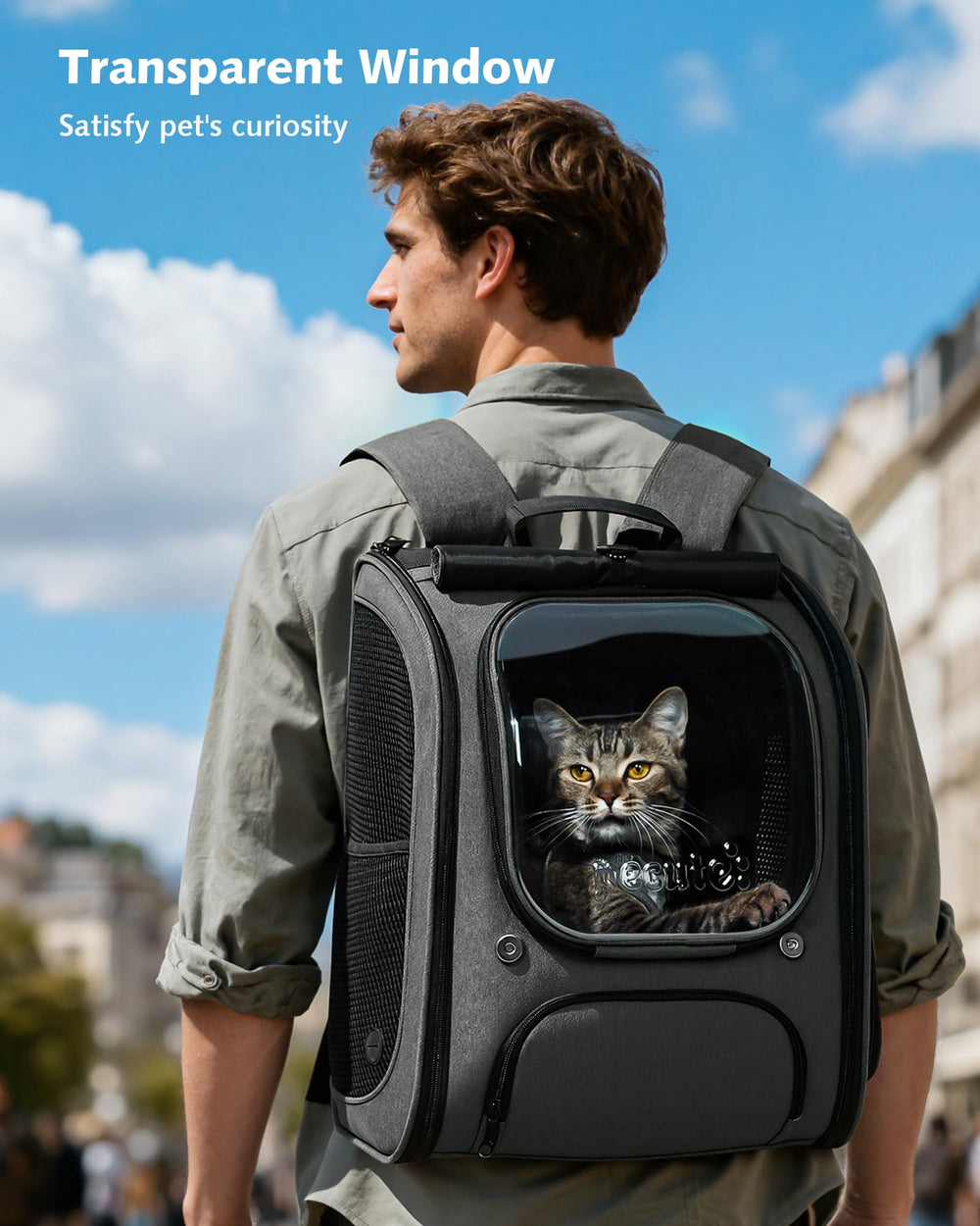 Pecute cat backpack bubble top view with sunshade and visibility.