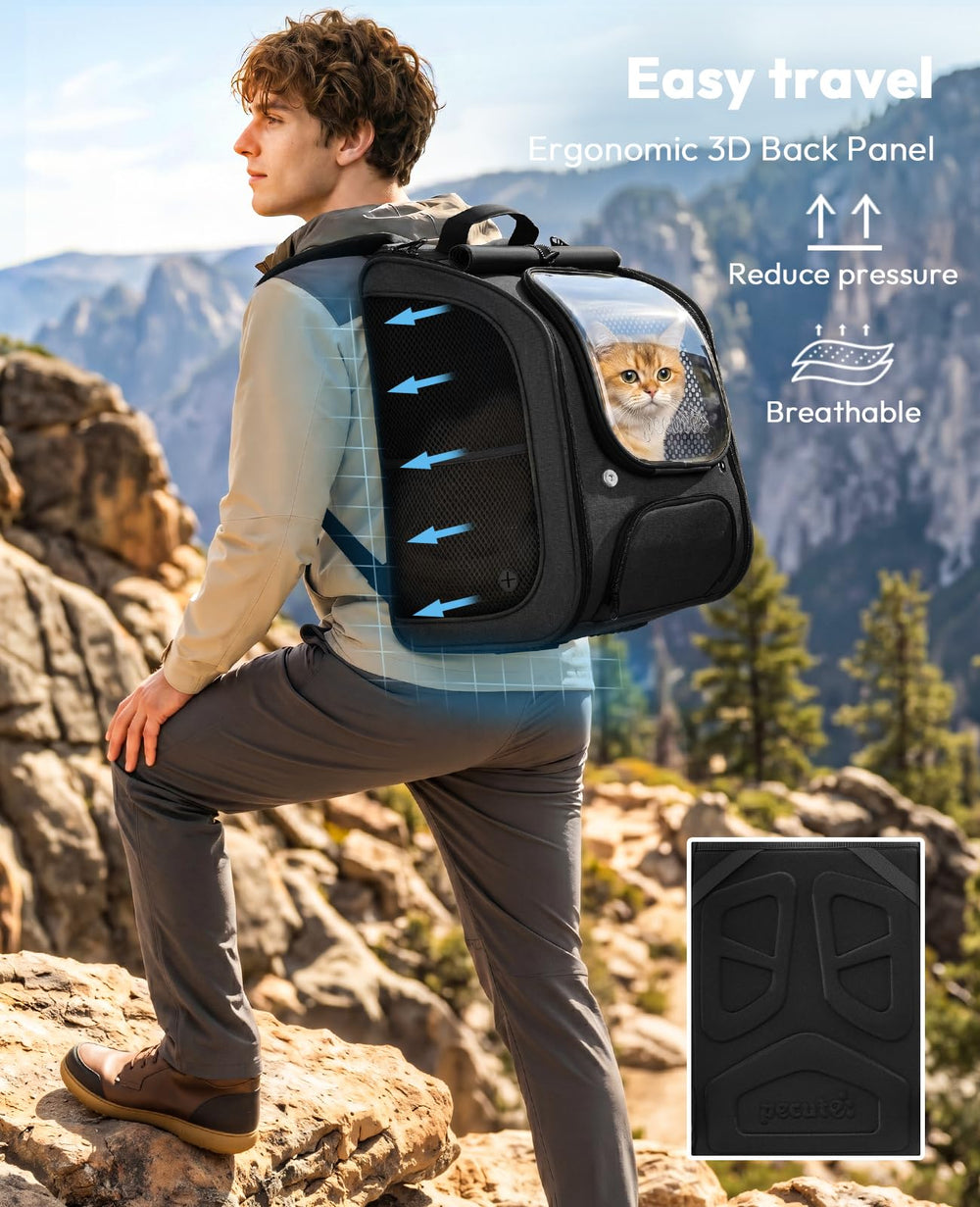 Pecute Cat Backpack Bubble UV shade reduces sun exposure during outdoor trips.