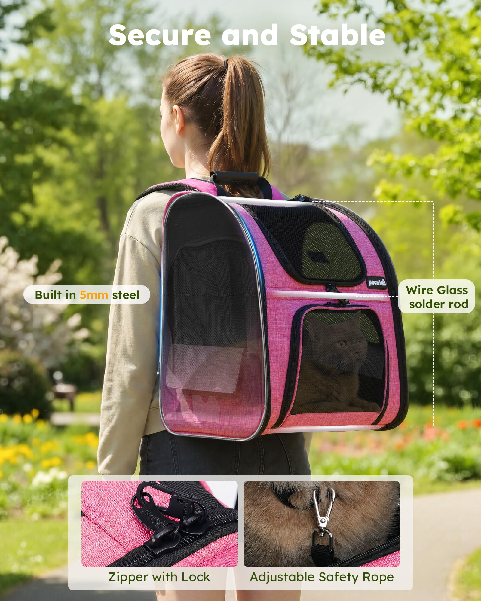 Pecute four-side mesh windows on the pink backpack for ventilation and visibility.