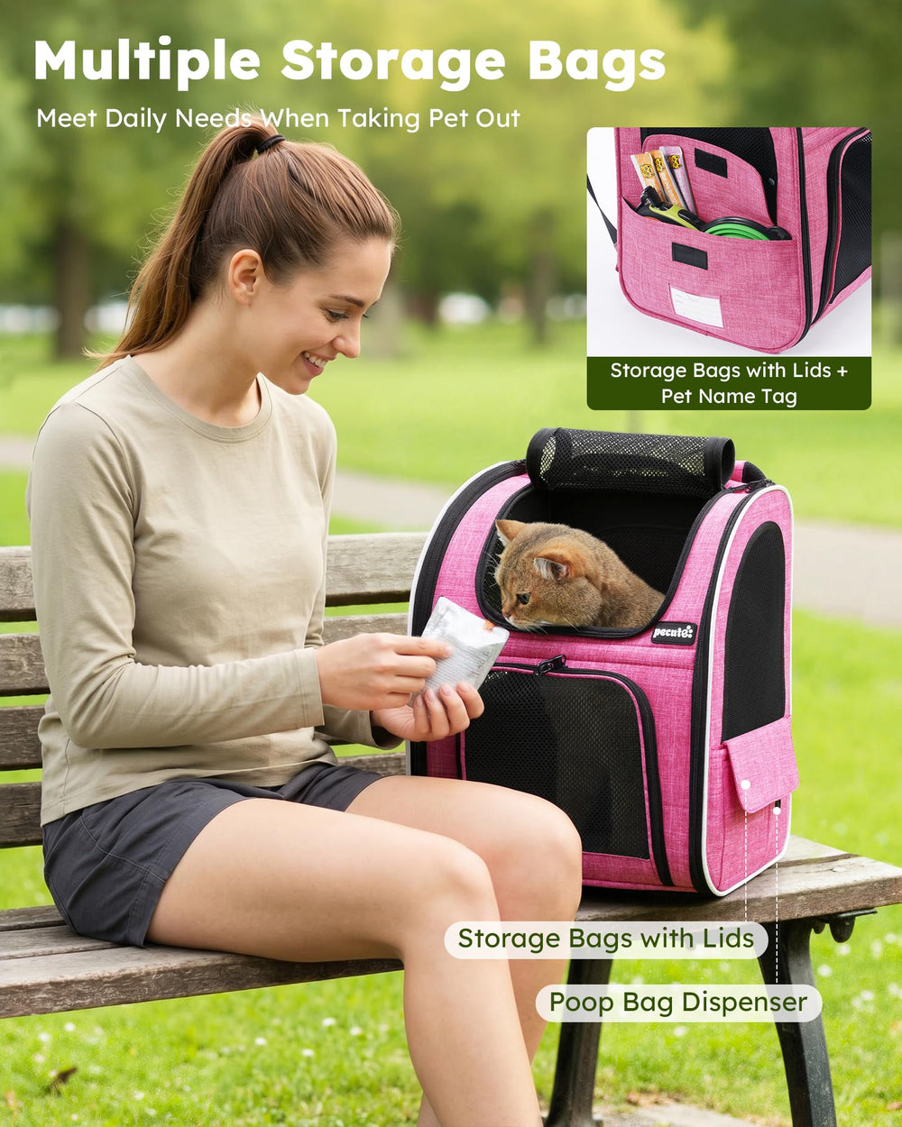 Pecute side storage pockets hold treats and essentials for trips.