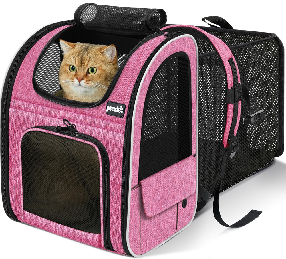 Pecute expandable cat backpack carrier side view in pink showing slim profile and comfort.