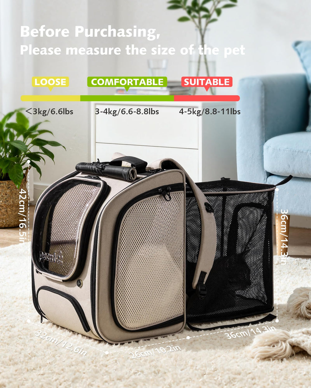 Pecute backpack dimensions 16.5 by 12.6 by 10.2 inches, for cats and small dogs.