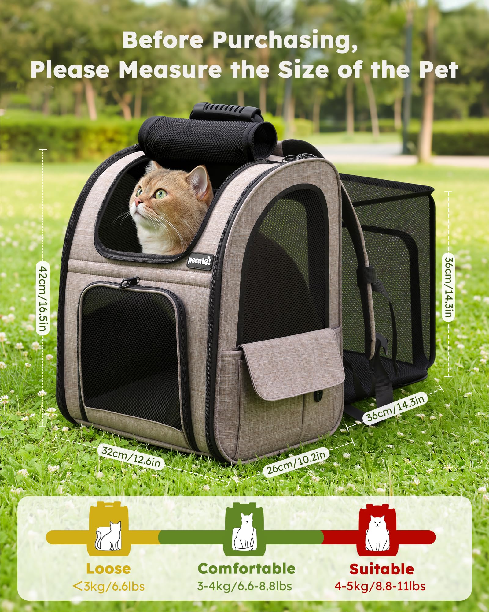 Pecute backpack with four side mesh ventilation ensures airflow for pets.