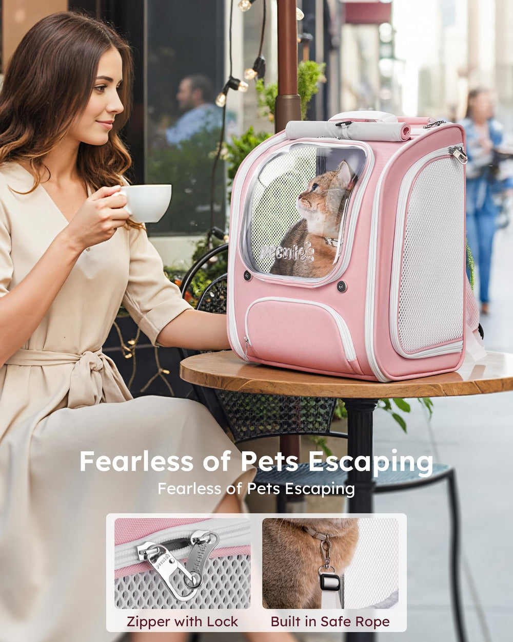 Pecute Cat Backpack Carrier front pocket storage for snacks and leash.