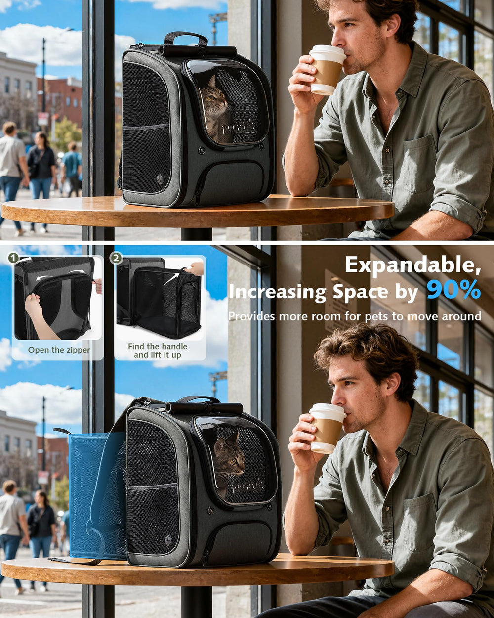 Pecute travel carrier interior with safety leash and secure zippers.