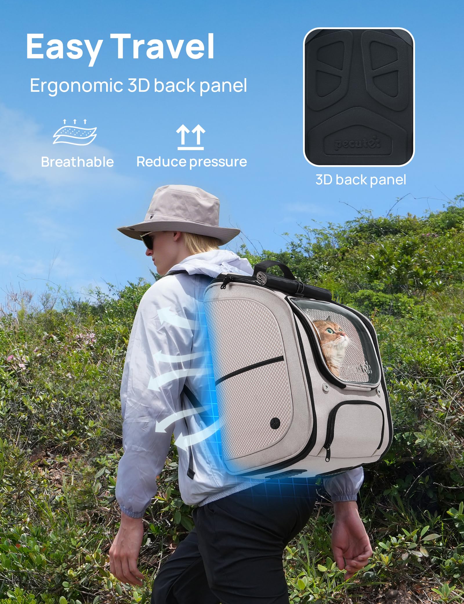 Pecute backpack features front safety leash and lockable zippers for security